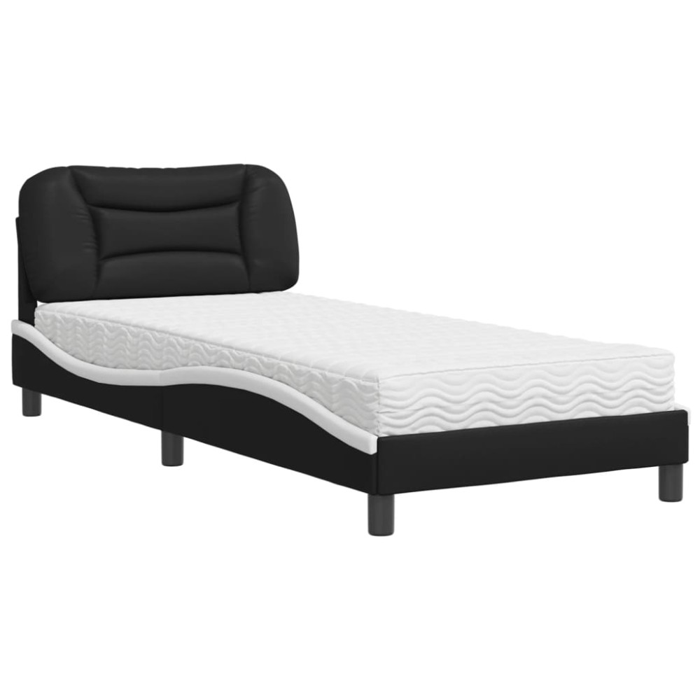 vidaXL Pat cu saltea, negru și alb, 90x200 cm, piele ecologică