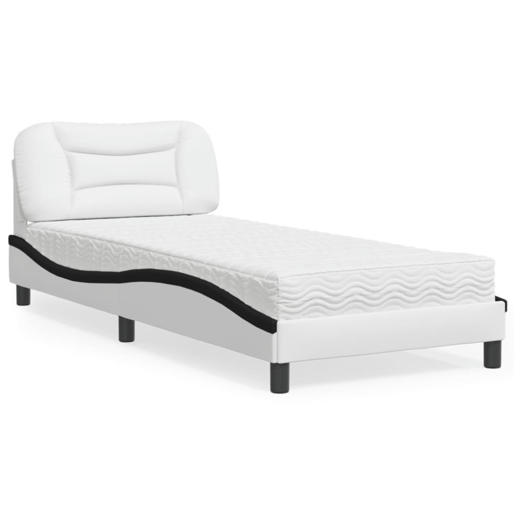 vidaXL Pat cu saltea, alb și negru, 90x200 cm, piele ecologică
