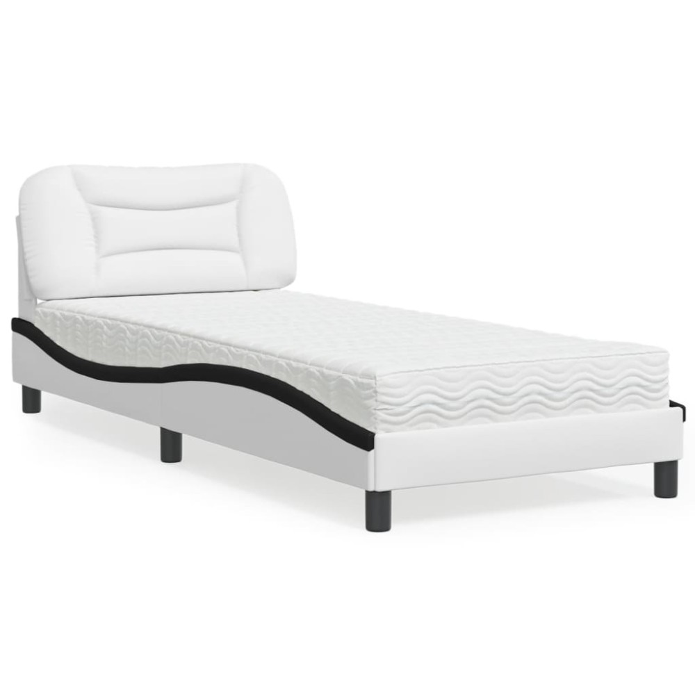 vidaXL Pat cu saltea, alb și negru, 90x200 cm, piele ecologică