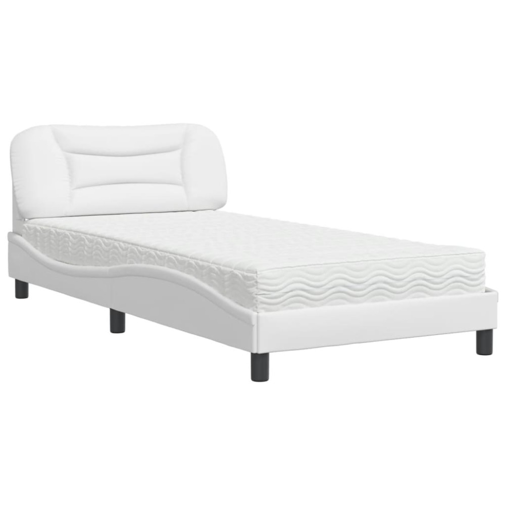 vidaXL Pat cu saltea, alb, 100x200 cm, piele ecologică
