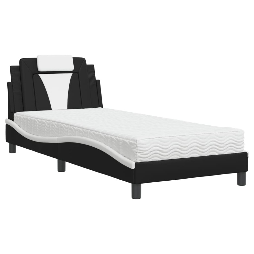 vidaXL Pat cu saltea, negru și alb, 90x190 cm, piele ecologică