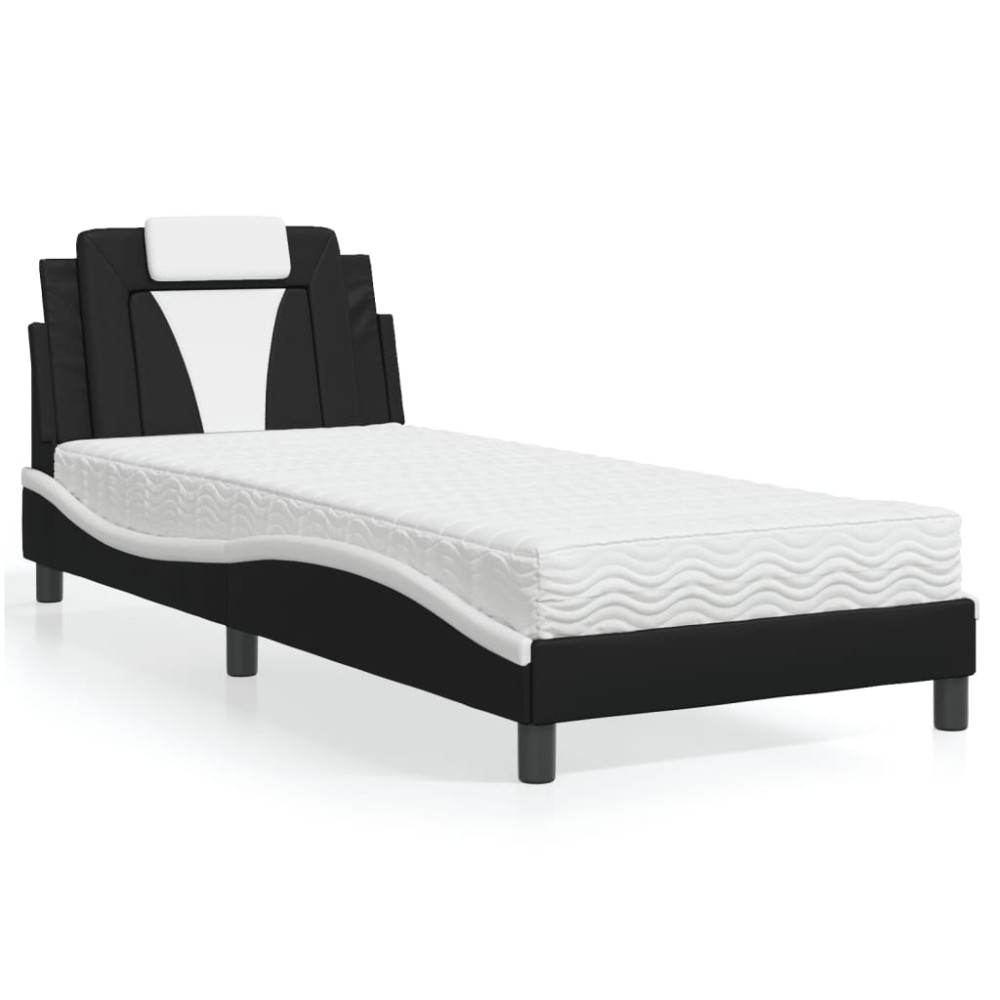 vidaXL Pat cu saltea, negru și alb, 90x190 cm, piele ecologică