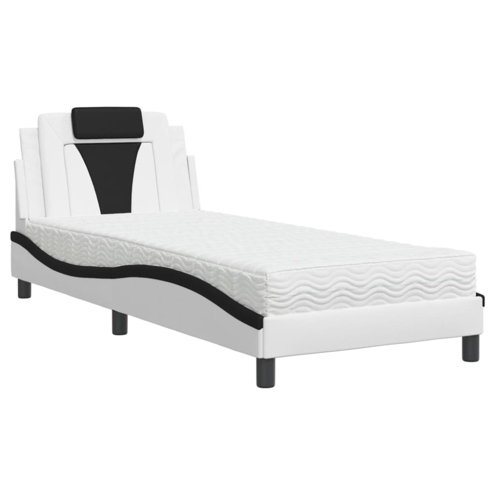 vidaXL Pat cu saltea, alb și negru, 90x190 cm, piele ecologică