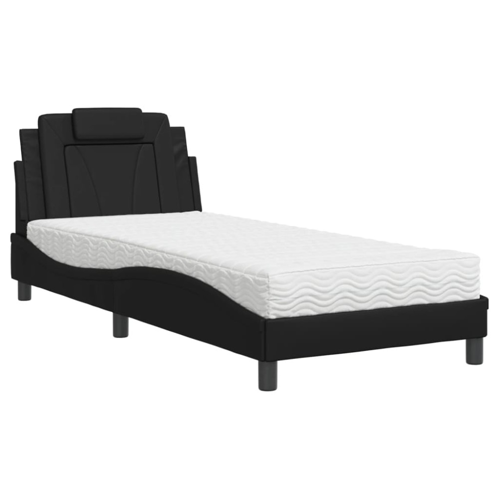 vidaXL Pat cu saltea, negru, 90x200 cm, piele ecologică