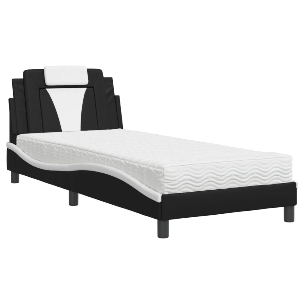 vidaXL Pat cu saltea, negru și alb, 90x200 cm, piele ecologică