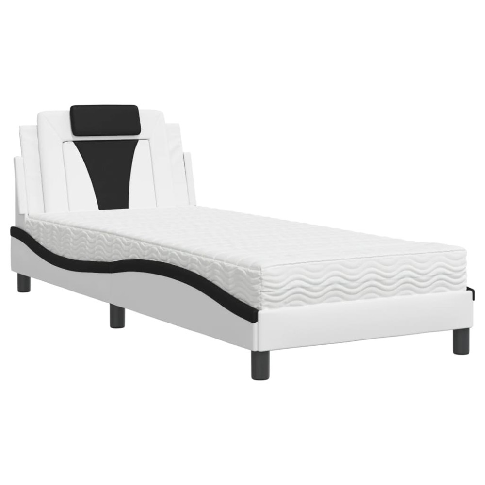 vidaXL Pat cu saltea, alb și negru, 90x200 cm, piele ecologică