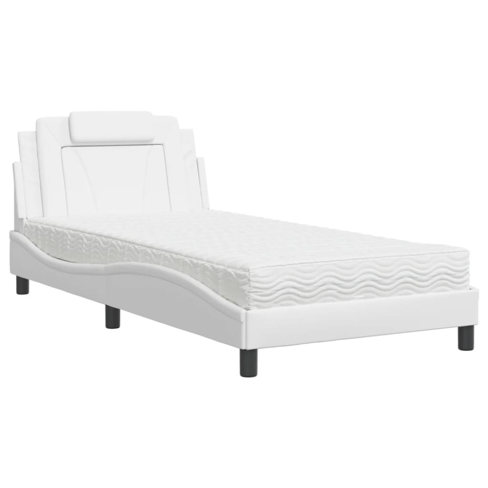 vidaXL Pat cu saltea, alb, 100x200 cm, piele ecologică