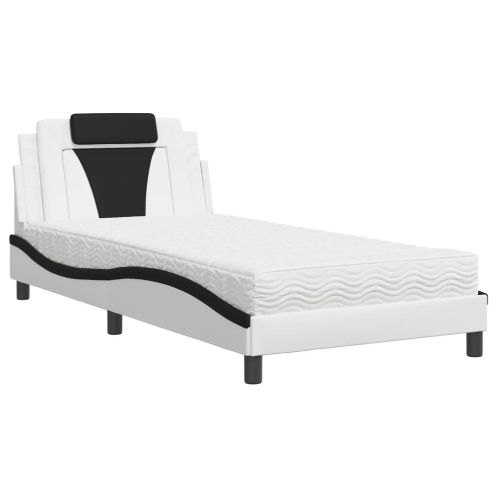 vidaXL Pat cu saltea, alb și negru, 100x200 cm, piele ecologică