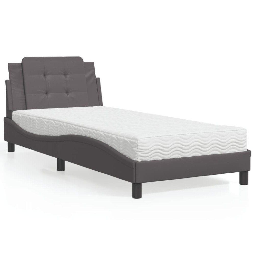 vidaXL Pat cu saltea, gri, 90x190 cm, piele ecologică