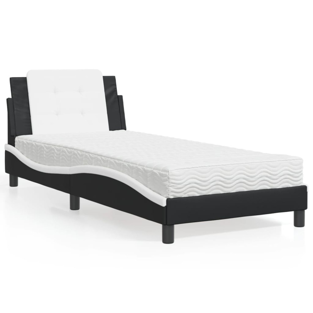 vidaXL Pat cu saltea, negru și alb, 90x190 cm, piele ecologică