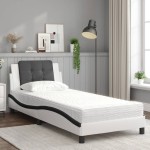 vidaXL Pat cu saltea, alb și negru, 90x190 cm, piele ecologică