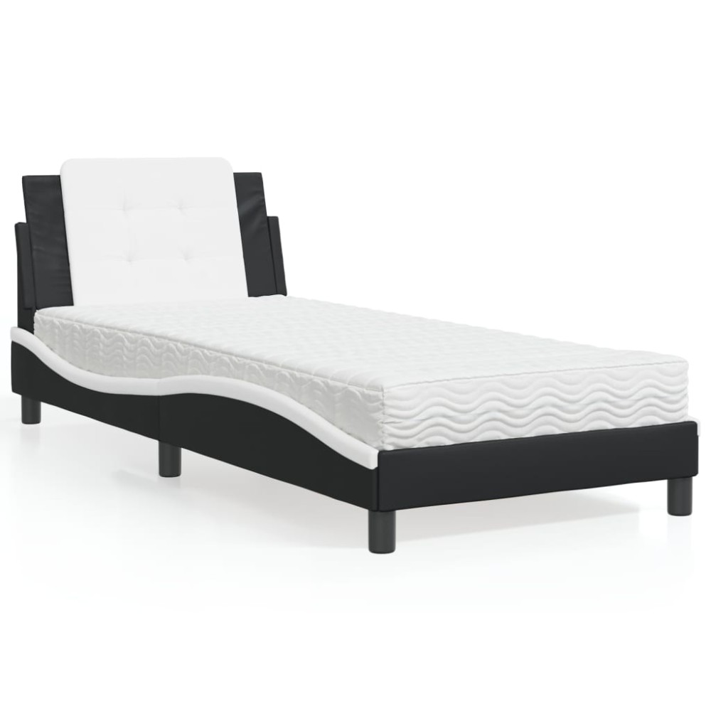 vidaXL Pat cu saltea, negru și alb, 90x200 cm, piele ecologică