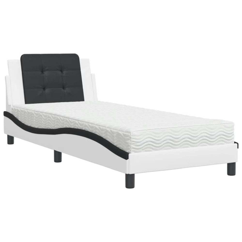 vidaXL Pat cu saltea, alb și negru, 90x200 cm, piele ecologică