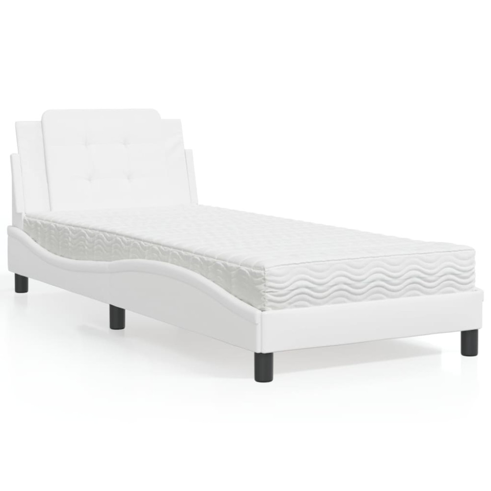 vidaXL Pat cu saltea, alb, 100x200 cm, piele ecologică