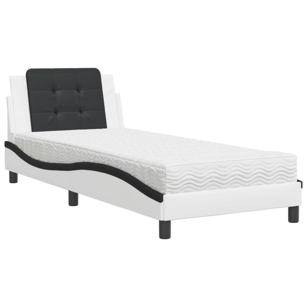 vidaXL Pat cu saltea, alb și negru, 100x200 cm, piele ecologică