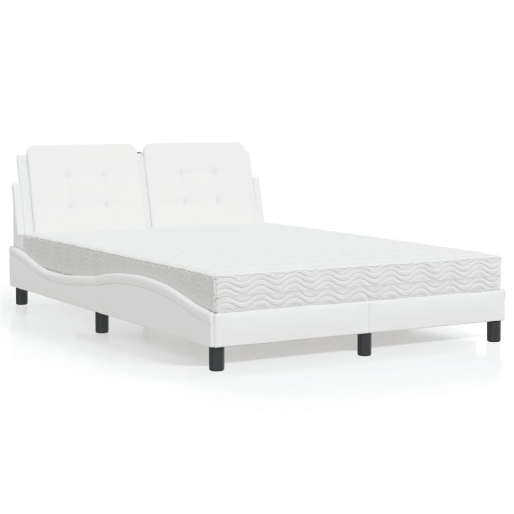 vidaXL Pat cu saltea, alb, 140x200 cm, piele ecologică