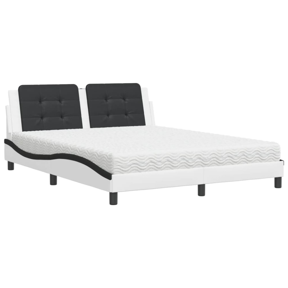 vidaXL Pat cu saltea, alb și negru, 160x200 cm, piele ecologică