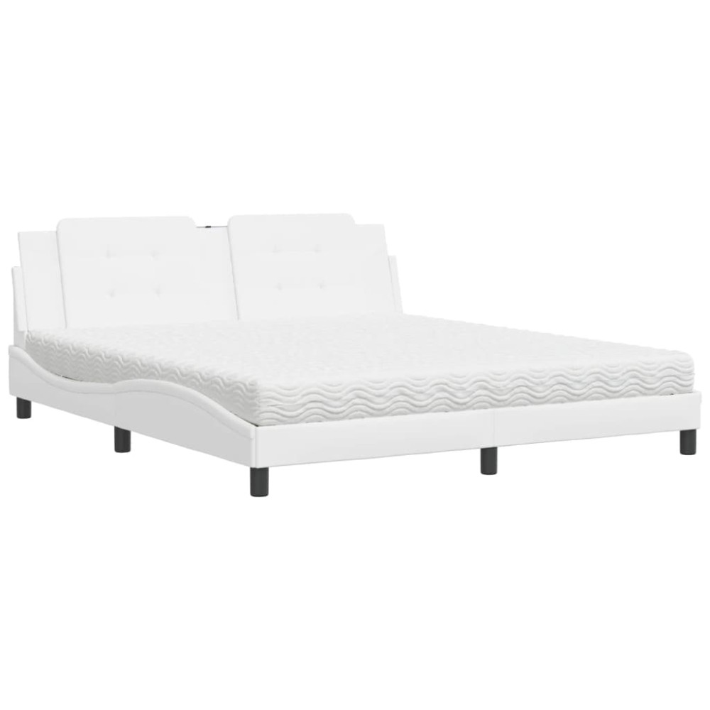 vidaXL Pat cu saltea, alb, 180x200 cm, piele ecologică