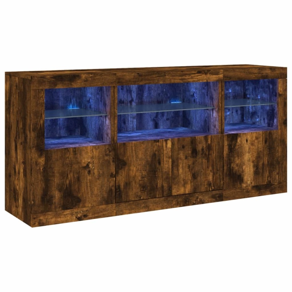 vidaXL Servantă cu lumini LED, stejar fumuriu, 142,5x37x67 cm