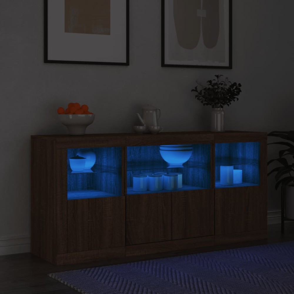 vidaXL Servantă cu lumini LED, stejar maro, 142,5x37x67 cm