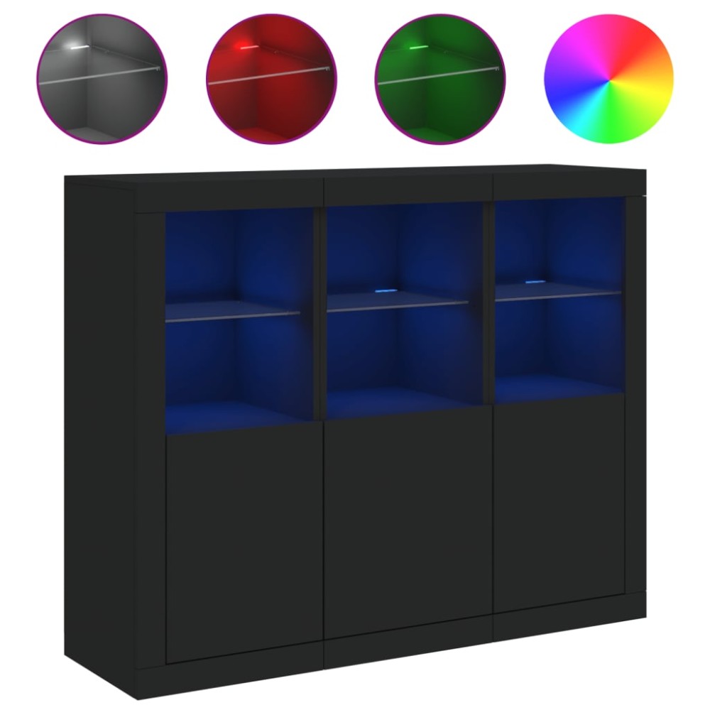 vidaXL Servantă cu lumini LED, 3 buc., negru, lemn prelucrat
