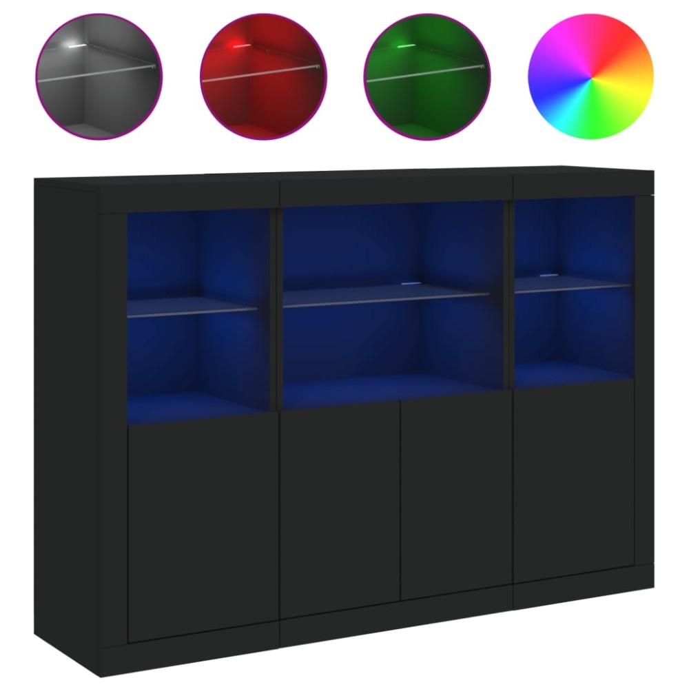 vidaXL Servantă cu lumini LED, 3 buc., negru, lemn prelucrat