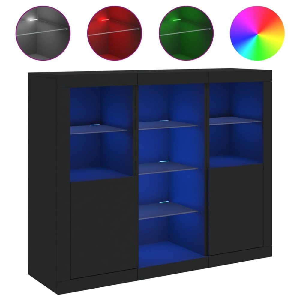 vidaXL Servantă cu lumini LED, 3 buc., negru, lemn prelucrat