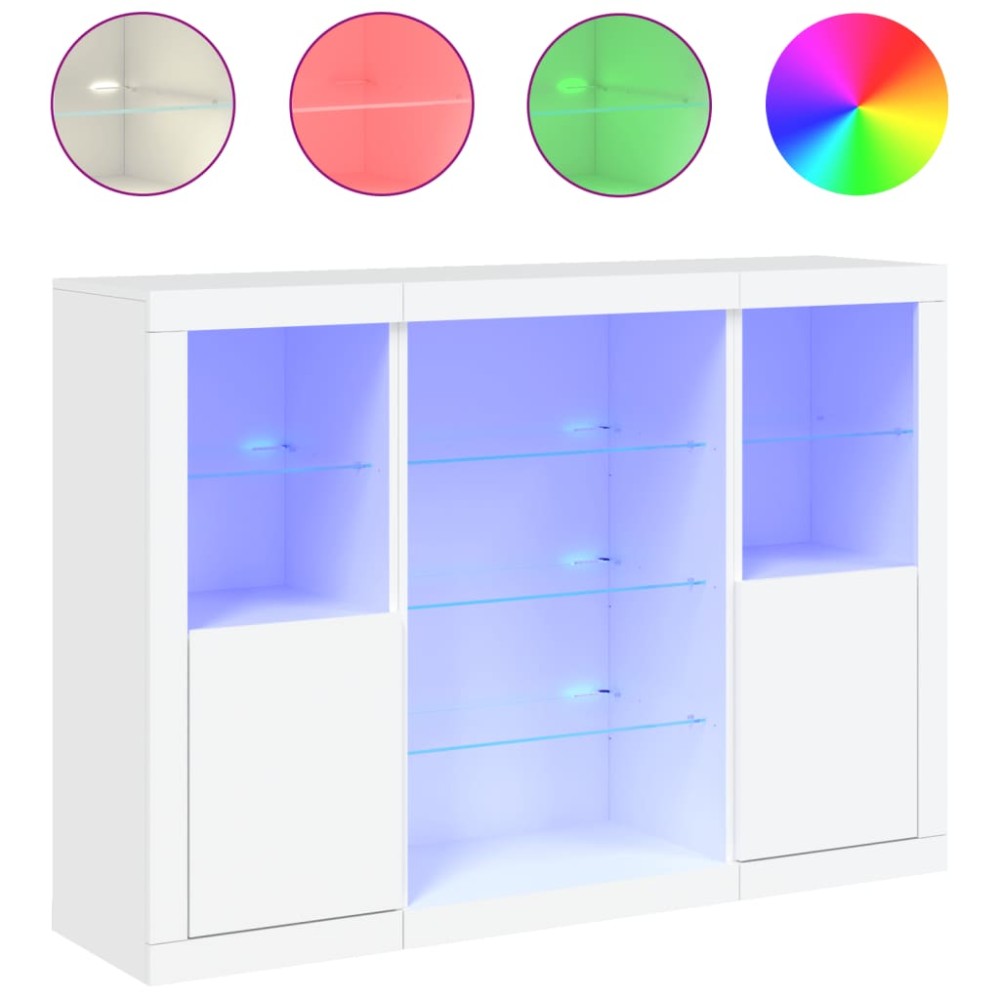 vidaXL Servantă cu lumini LED, 3 buc., alb, lemn prelucrat