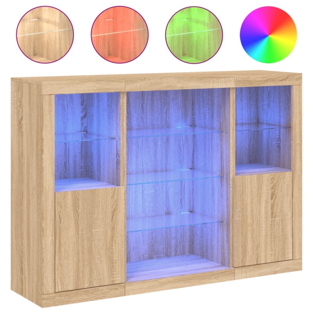 vidaXL Servantă cu lumini LED, 3 buc., stejar sonoma, lemn prelucrat