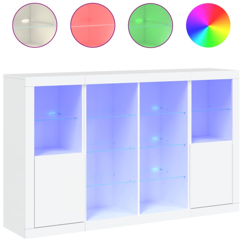 vidaXL Servantă cu lumini LED, 3 buc., alb, lemn prelucrat