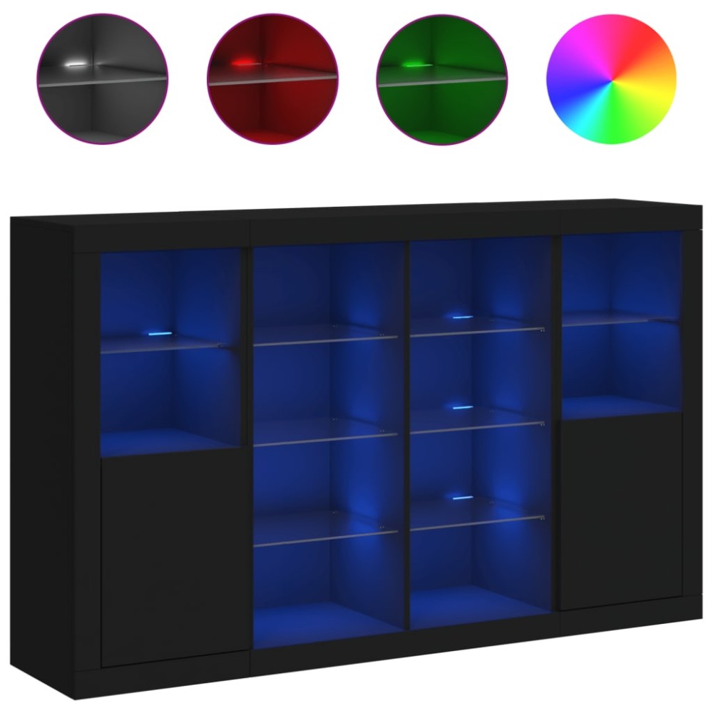 vidaXL Servantă cu lumini LED, 3 buc., negru, lemn prelucrat