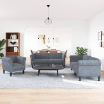vidaXL Set de canapele, 3 piese, gri închis, catifea vidaXL Set de canapele, 3 piese, gri închis, catifea