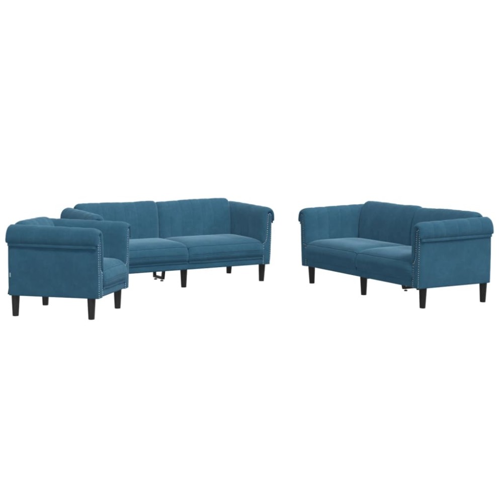 vidaXL Set de canapele, 3 piese, albastru, catifea