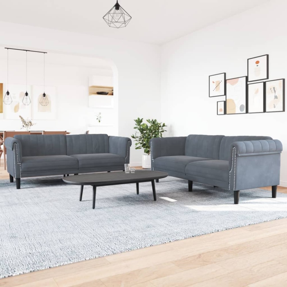 vidaXL Set canapea, 2 piese, gri închis, catifea