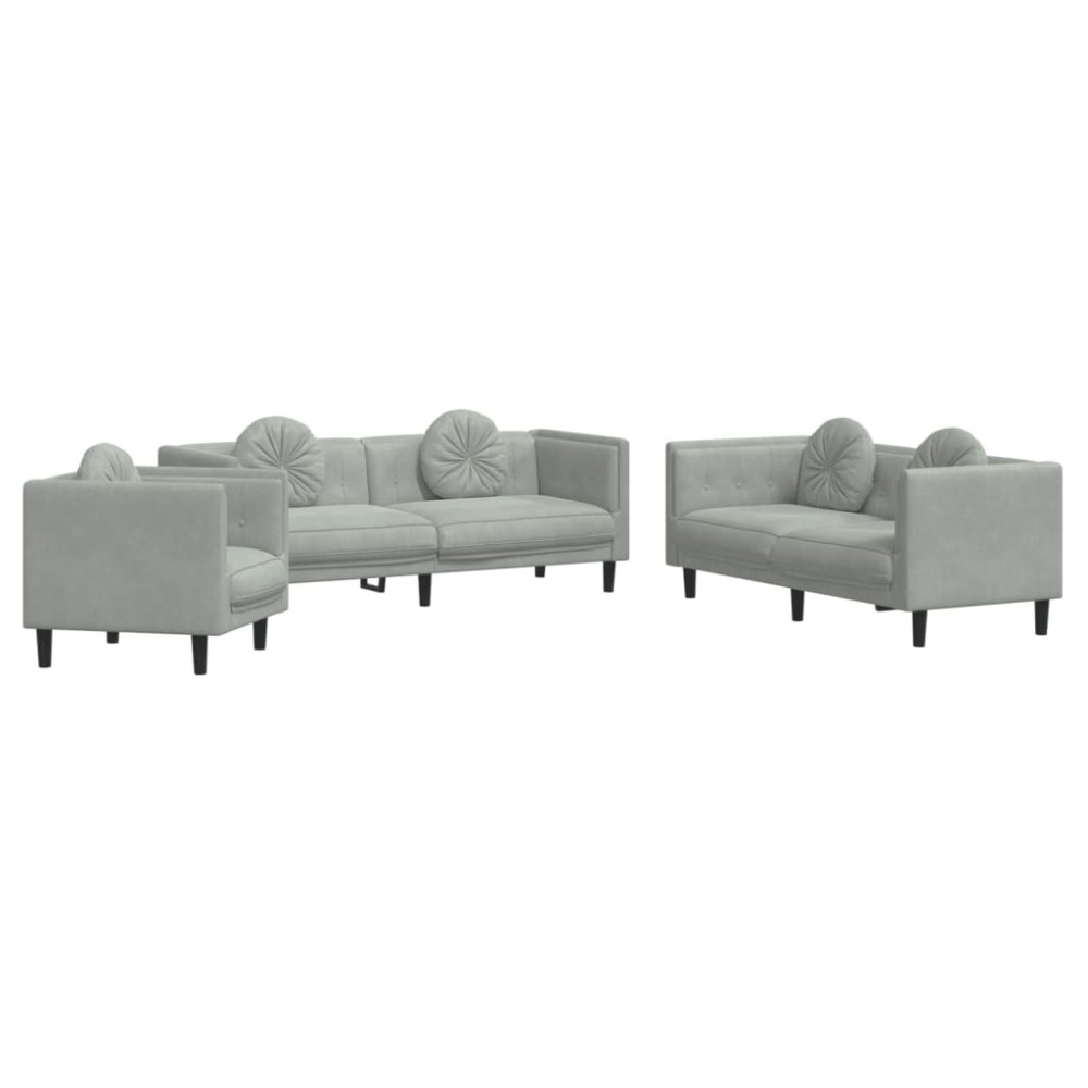 vidaXL Set de canapele, 3 piese, cu perne, gri deschis, catifea
