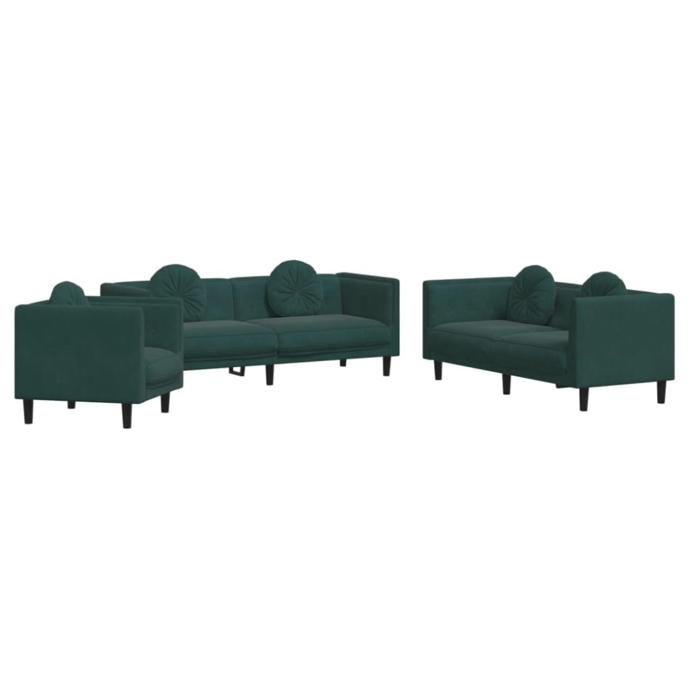 vidaXL Set canapea cu perne, 3 piese, verde închis, catifea