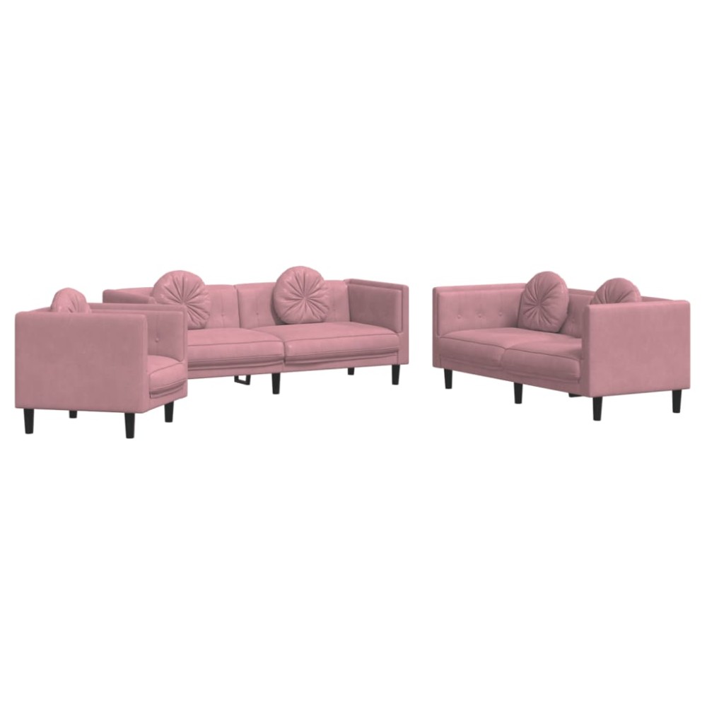vidaXL Set canapea cu perne, 3 piese, roz, catifea