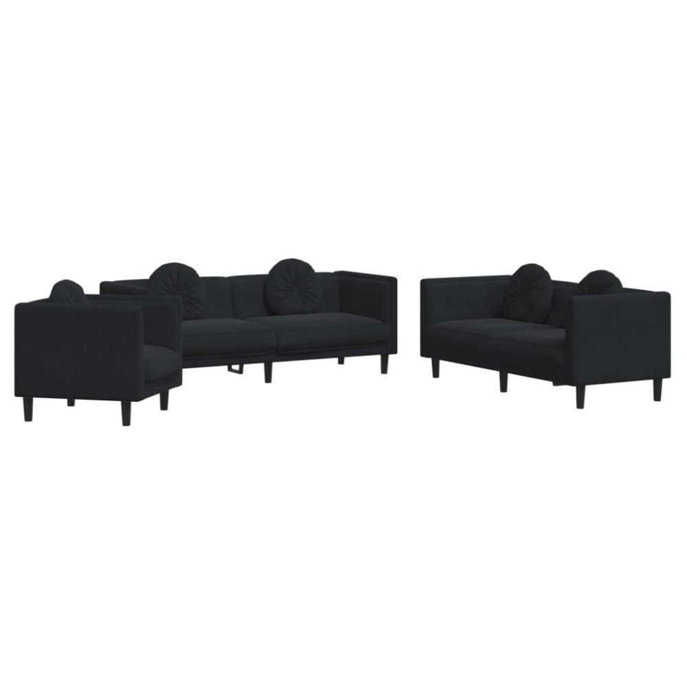 vidaXL Set de canapele cu perne, 3 piese, negru, catifea