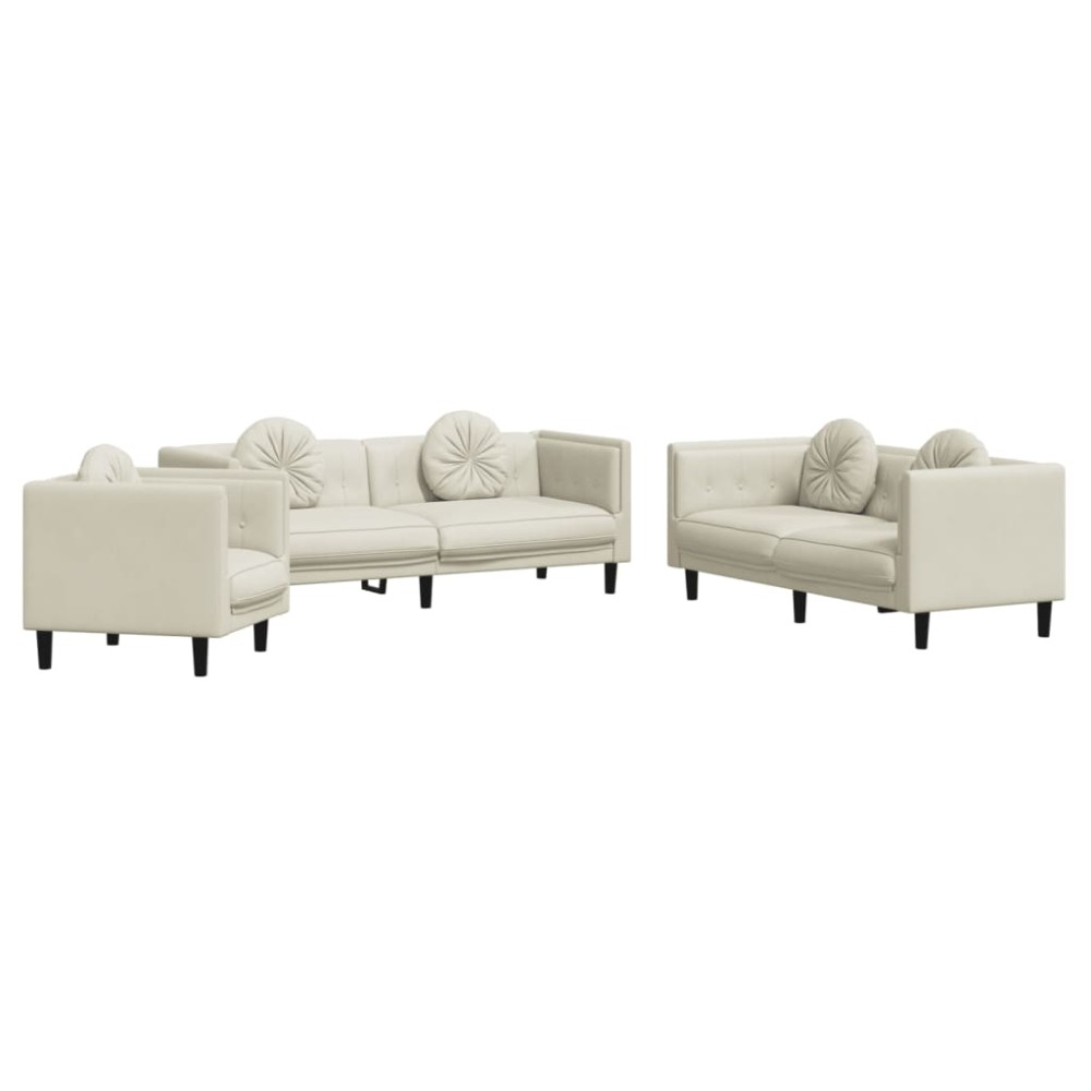 vidaXL Set de canapele cu perne, 3 piese, crem, catifea