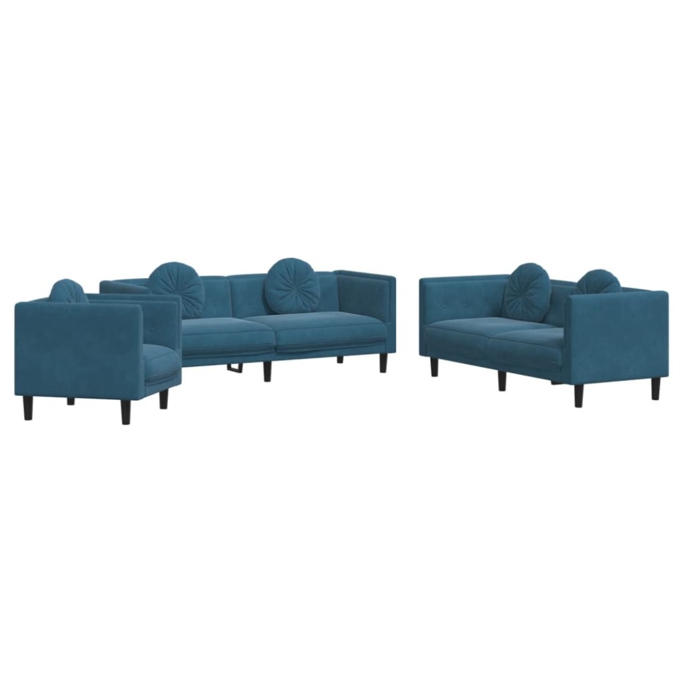 vidaXL Set de canapele cu perne, 3 piese, albastru, catifea