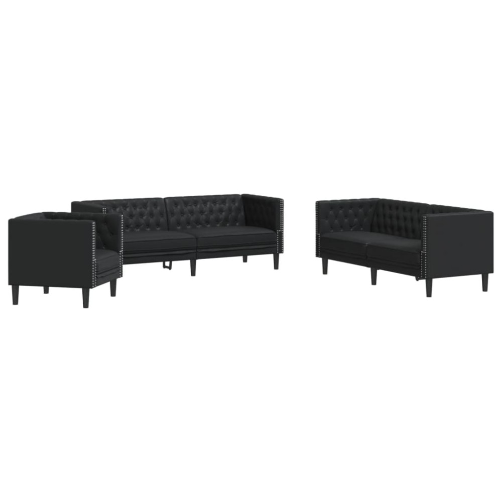 vidaXL Set canapele Chesterfield cu 3 locuri, negru, piele eco.