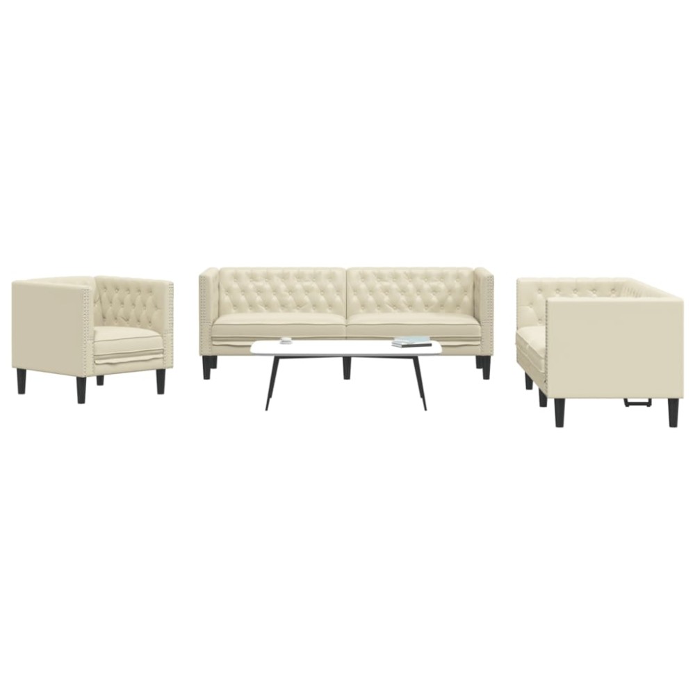 vidaXL Set canapele Chesterfield cu 3 locuri, crem, piele eco.