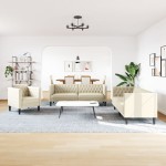vidaXL Set canapele Chesterfield cu 3 locuri, crem, piele eco. vidaXL Set canapele Chesterfield cu 3 locuri, crem, piele eco.
