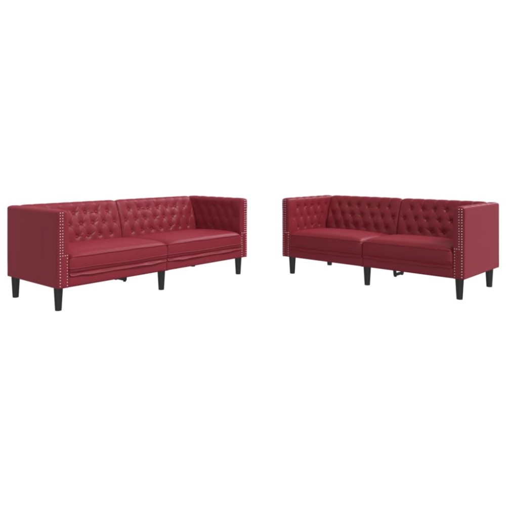 vidaXL Set canapele Chesterfield cu 2 locuri roșu vin piele eco.