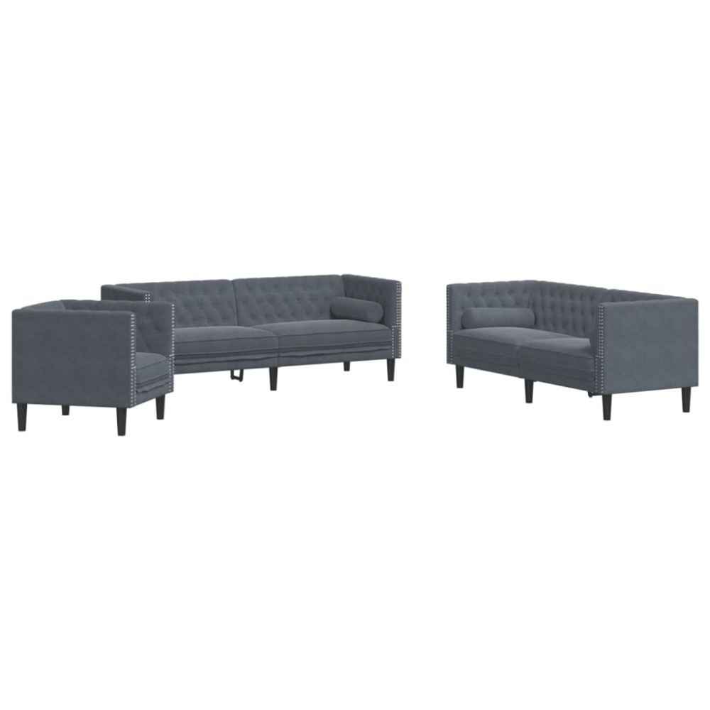 vidaXL Set canapele Chesterfield cu perne rulou, 3 piese, gri, catifea