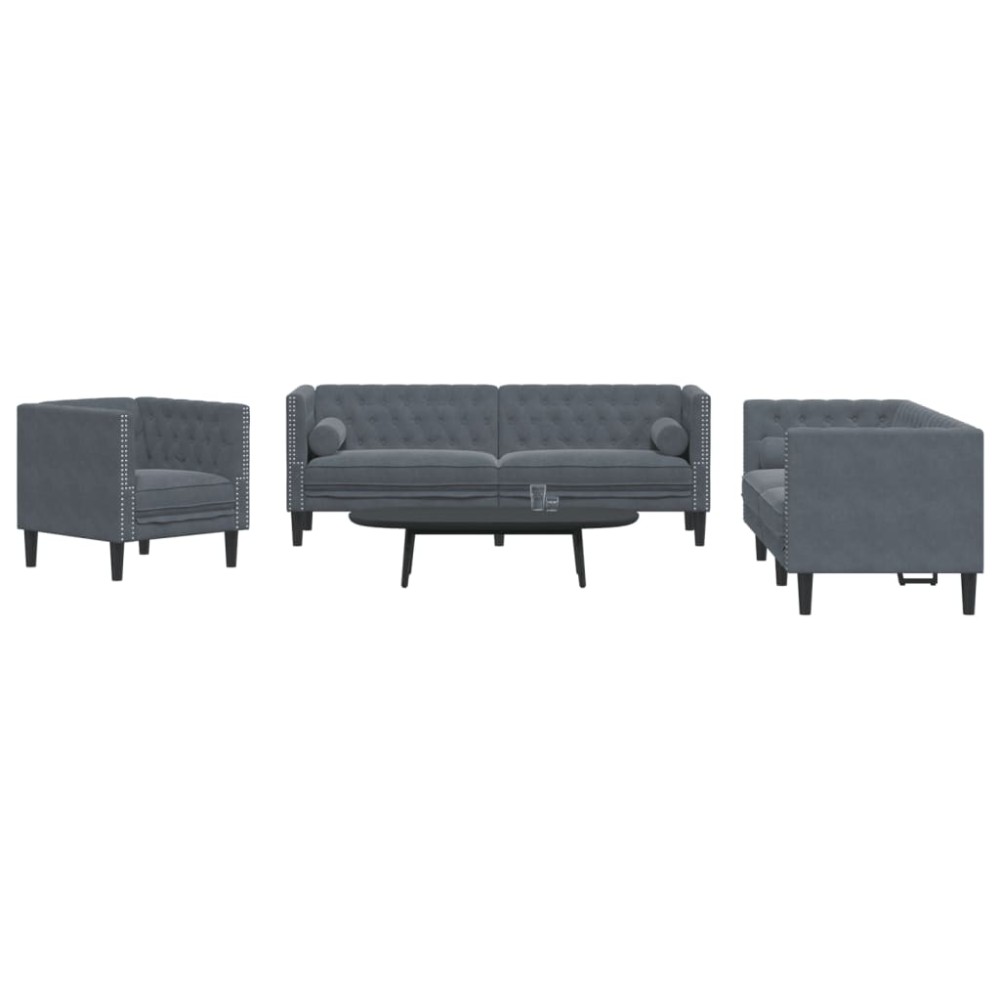 vidaXL Set canapele Chesterfield cu perne rulou, 3 piese, gri, catifea