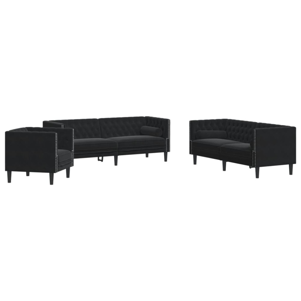 vidaXL Set canapele Chesterfield cu perne rulou 3 piese negru catifea