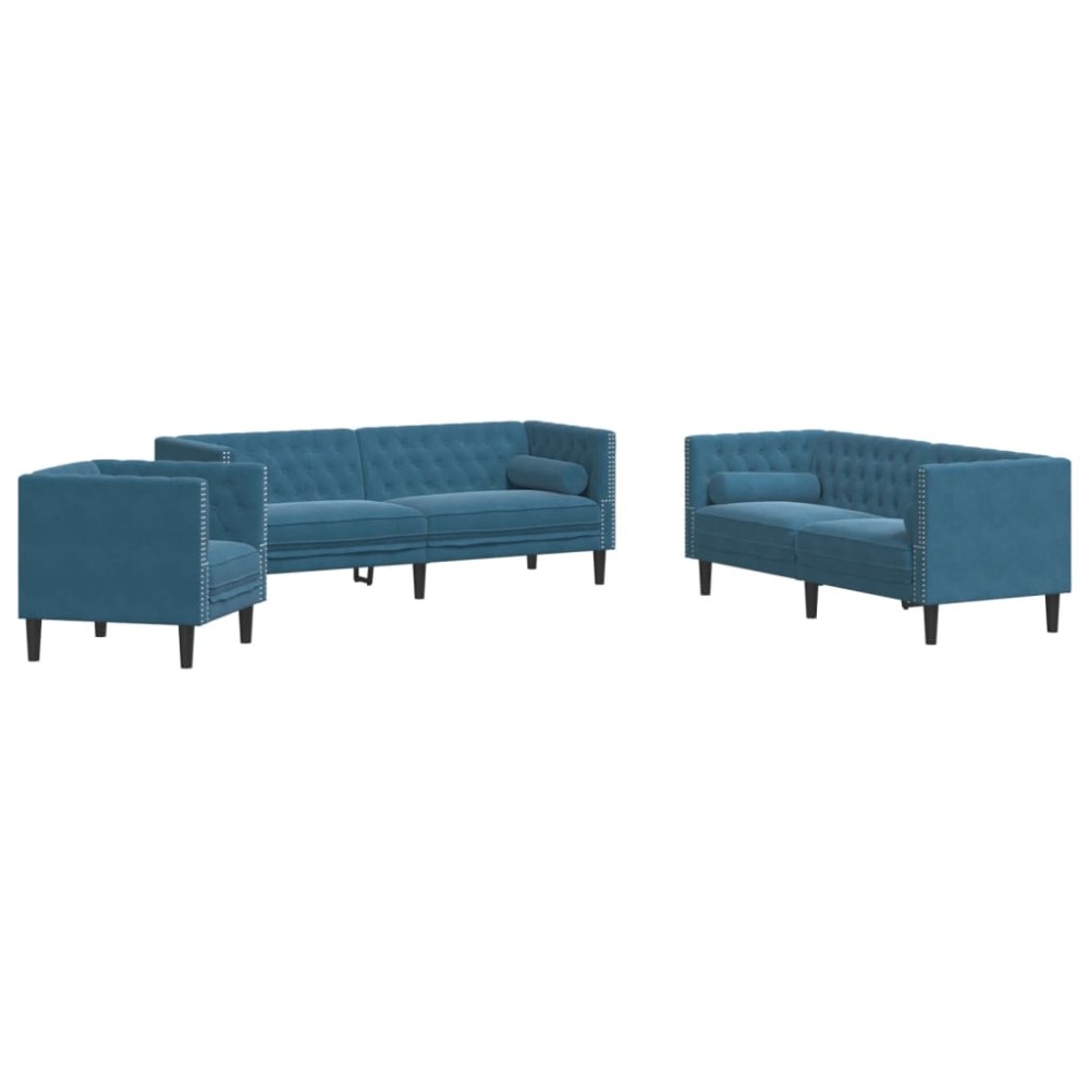 vidaXL Set canapele Chesterfield perne rulou 3 piese albastru catifea