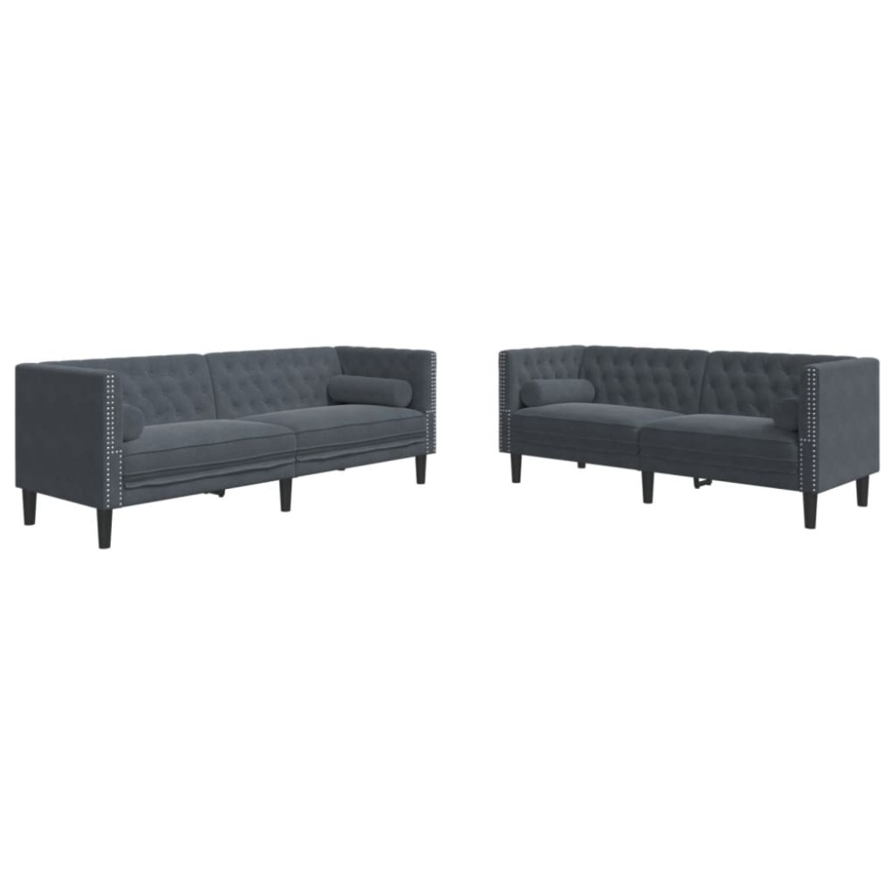 vidaXL Set canapele Chesterfield cu perne rulou, 2 piese, gri, catifea