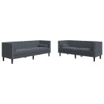 vidaXL Set canapele Chesterfield cu perne rulou, 2 piese, gri, catifea vidaXL Set canapele Chesterfield cu perne rulou, 2 piese, gri, catifea